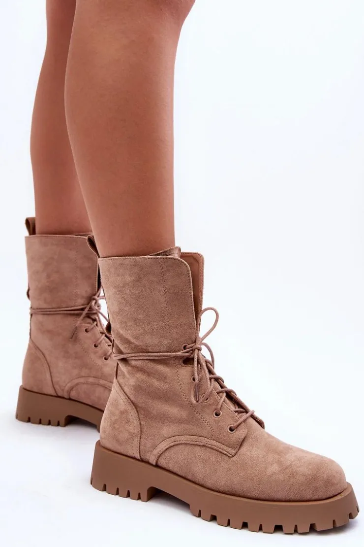 Outlet Boto Zamszowe Workery Botki Na Płaskim Obcasie Beżowe Jence