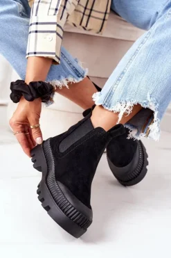 Damskie Boto Zamszowe Workery Na Platformie Czarne Come With Me