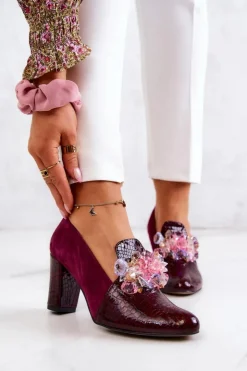 Damskie Boto Zamszowe Wężowe Czółenka Z Ozdobą Bordowe Mallory