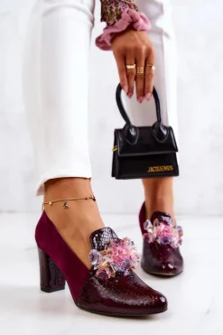 Damskie Boto Zamszowe Wężowe Czółenka Z Ozdobą Bordowe Mallory