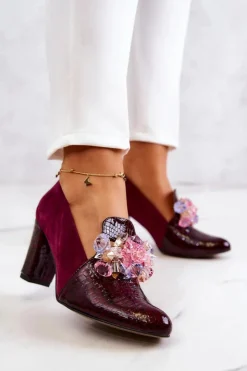 Damskie Boto Zamszowe Wężowe Czółenka Z Ozdobą Bordowe Mallory