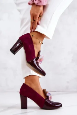 Damskie Boto Zamszowe Wężowe Czółenka Z Ozdobą Bordowe Mallory