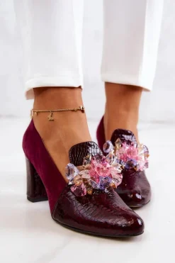 Damskie Boto Zamszowe Wężowe Czółenka Z Ozdobą Bordowe Mallory