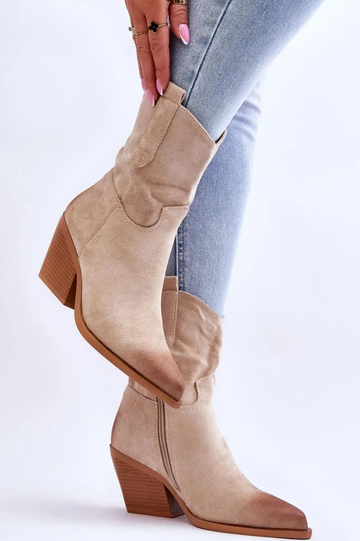 Boto Botki Wiosenne|Botki Na Słupku*Zamszowe Wsuwane Botki Kowbojki Beżowe Sevilla