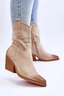 Boto Botki Wiosenne|Botki Na Słupku*Zamszowe Wsuwane Botki Kowbojki Beżowe Sevilla