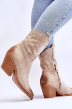Boto Botki Wiosenne|Botki Na Słupku*Zamszowe Wsuwane Botki Kowbojki Beżowe Sevilla
