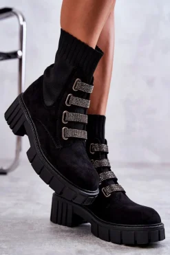 Damskie Boto Zamszowe Wsuwane Botki Skarpetkowe Czarne Hope