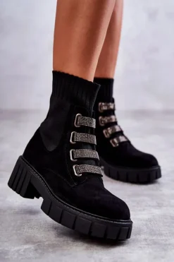 Damskie Boto Zamszowe Wsuwane Botki Skarpetkowe Czarne Hope