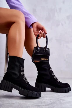 Damskie Boto Zamszowe Wsuwane Botki Skarpetkowe Czarne Hope