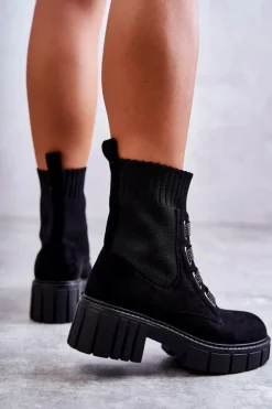 Damskie Boto Zamszowe Wsuwane Botki Skarpetkowe Czarne Hope