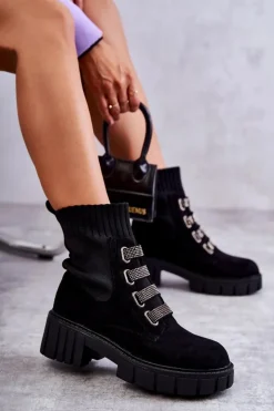 Damskie Boto Zamszowe Wsuwane Botki Skarpetkowe Czarne Hope