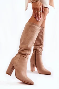 Clearance Boto Zamszowe Wsuwane Kozaki Na Obcasie Beżowe Miriam