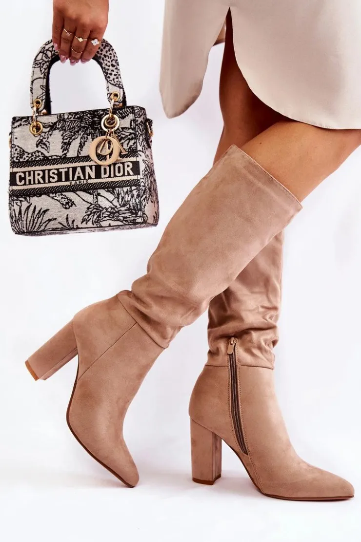 Clearance Boto Zamszowe Wsuwane Kozaki Na Obcasie Beżowe Miriam