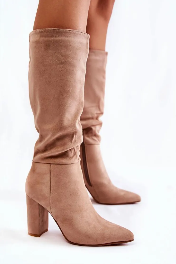 Clearance Boto Zamszowe Wsuwane Kozaki Na Obcasie Beżowe Miriam