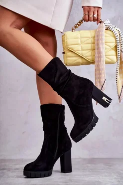 Damskie Boto Zamszowe Wysokie Botki Na Słupku Czarne Volter