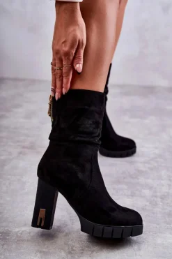 Damskie Boto Zamszowe Wysokie Botki Na Słupku Czarne Volter