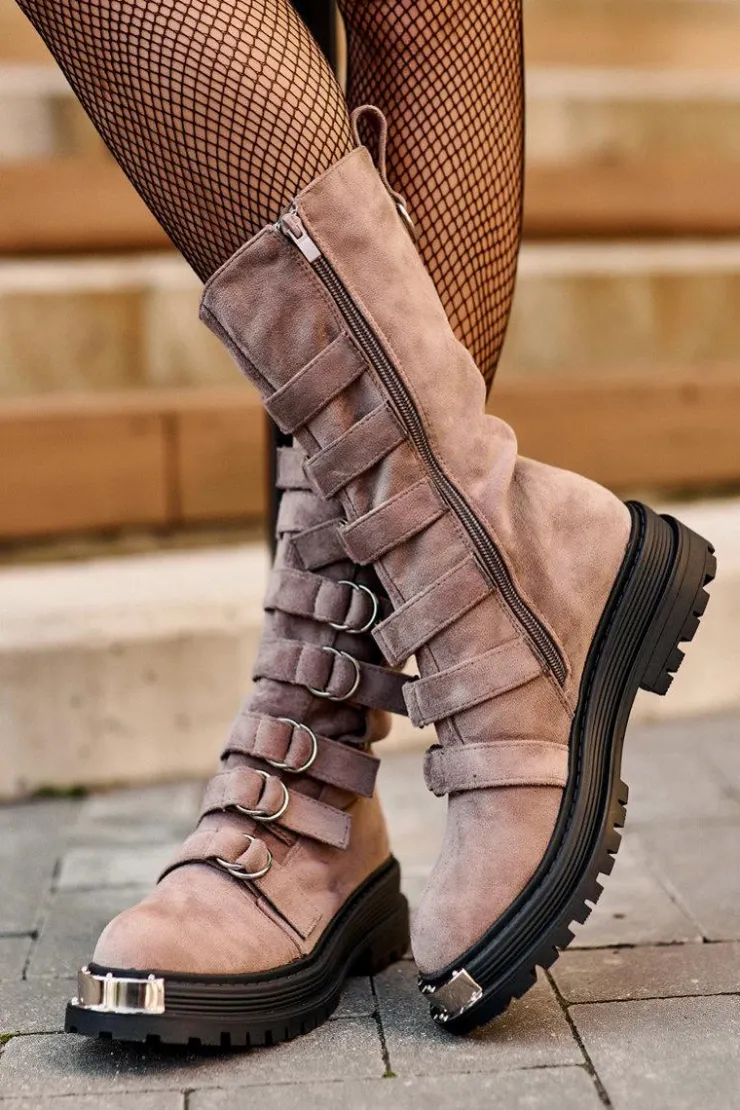 Boto Botki Zimowe Damskie|Brązowe I Beżowe Botki*Zamszowe Wysokie Botki Workery Z Paskami Ciemnobeżowe Elnatea