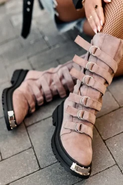 Boto Botki Zimowe Damskie|Brązowe I Beżowe Botki*Zamszowe Wysokie Botki Workery Z Paskami Ciemnobeżowe Elnatea