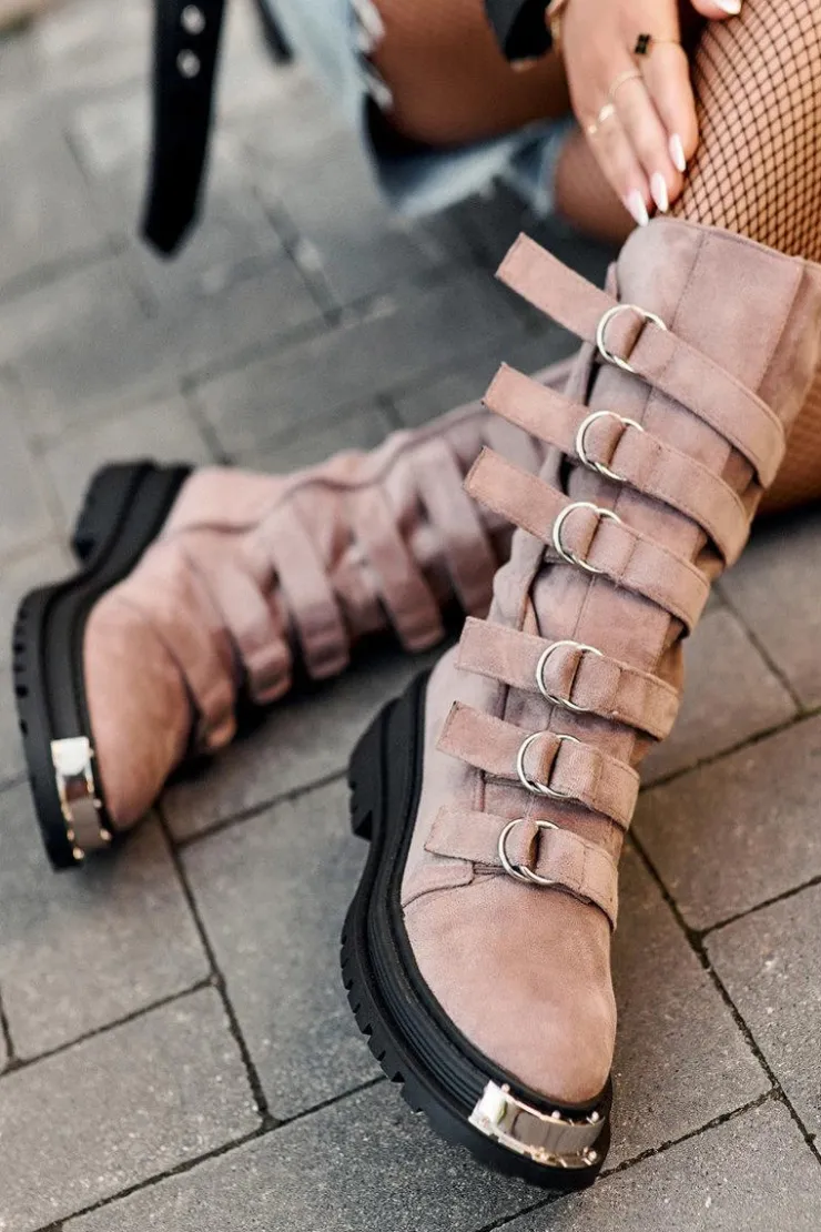 Boto Botki Zimowe Damskie|Brązowe I Beżowe Botki*Zamszowe Wysokie Botki Workery Z Paskami Ciemnobeżowe Elnatea