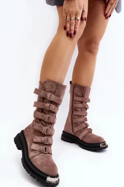 Boto Botki Zimowe Damskie|Brązowe I Beżowe Botki*Zamszowe Wysokie Botki Workery Z Paskami Ciemnobeżowe Elnatea