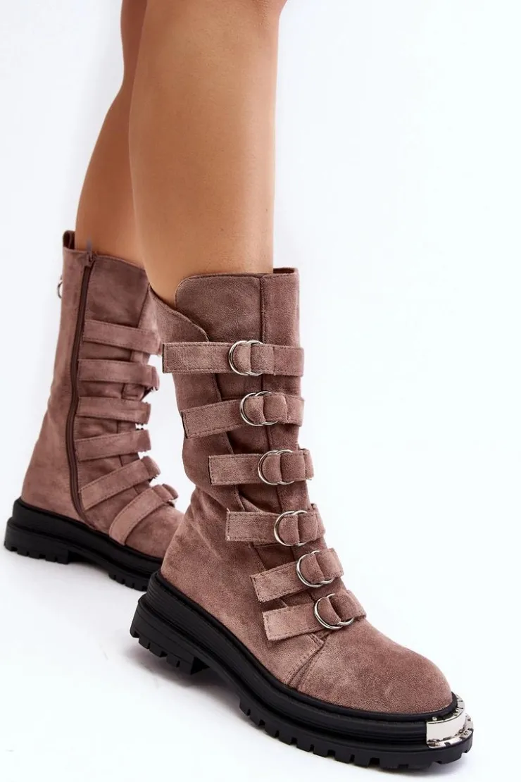 Boto Botki Zimowe Damskie|Brązowe I Beżowe Botki*Zamszowe Wysokie Botki Workery Z Paskami Ciemnobeżowe Elnatea