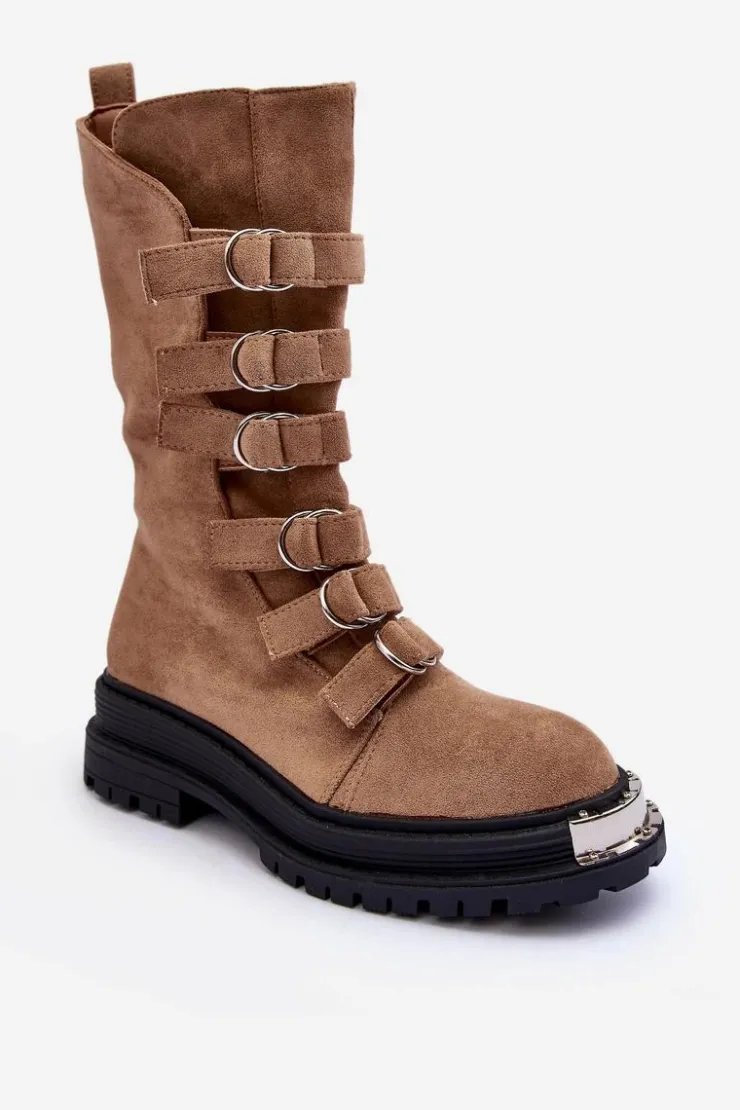 Damskie Boto Zamszowe Wysokie Botki Workery Z Paskami Beżowe Elnatea