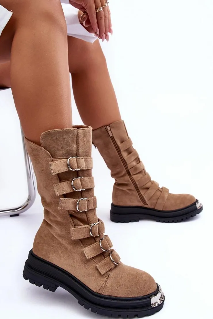 Damskie Boto Zamszowe Wysokie Botki Workery Z Paskami Beżowe Elnatea