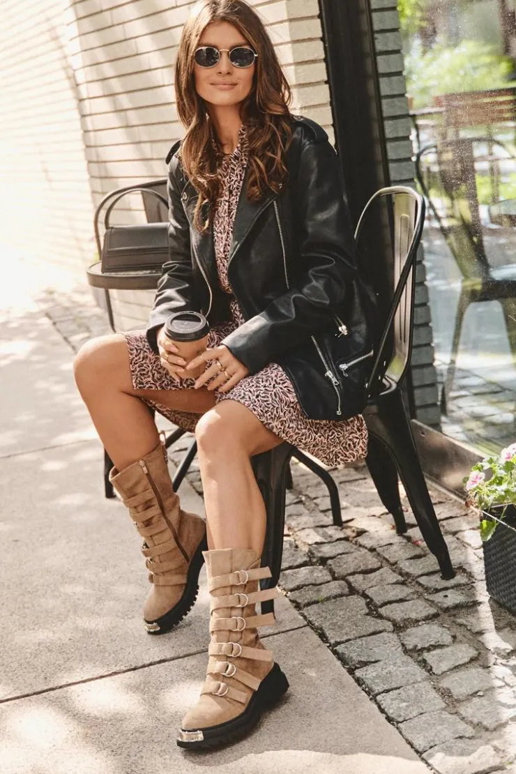 Damskie Boto Zamszowe Wysokie Botki Workery Z Paskami Beżowe Elnatea