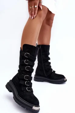 Sale Boto Zamszowe Wysokie Botki Workery Z Paskami Czarne Elnatea