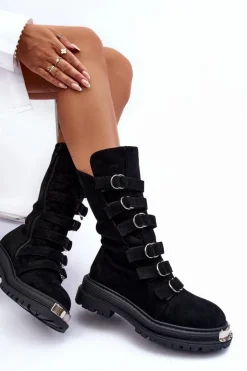 Sale Boto Zamszowe Wysokie Botki Workery Z Paskami Czarne Elnatea