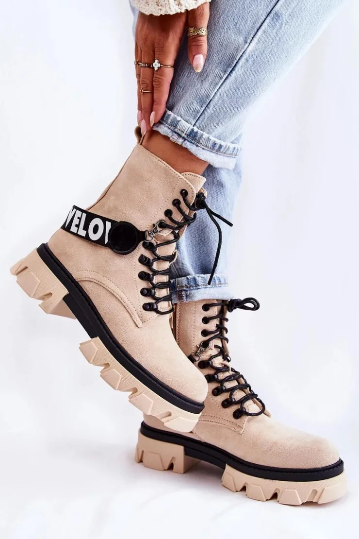 Boto Damskie Trapery|Botki Sznurowane*Zamszowe Wysokie Botki Z Ociepleniem Beżowe Danity