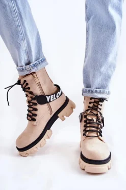 Boto Damskie Trapery|Botki Sznurowane*Zamszowe Wysokie Botki Z Ociepleniem Beżowe Danity