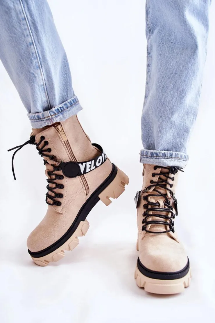 Boto Damskie Trapery|Botki Sznurowane*Zamszowe Wysokie Botki Z Ociepleniem Beżowe Danity