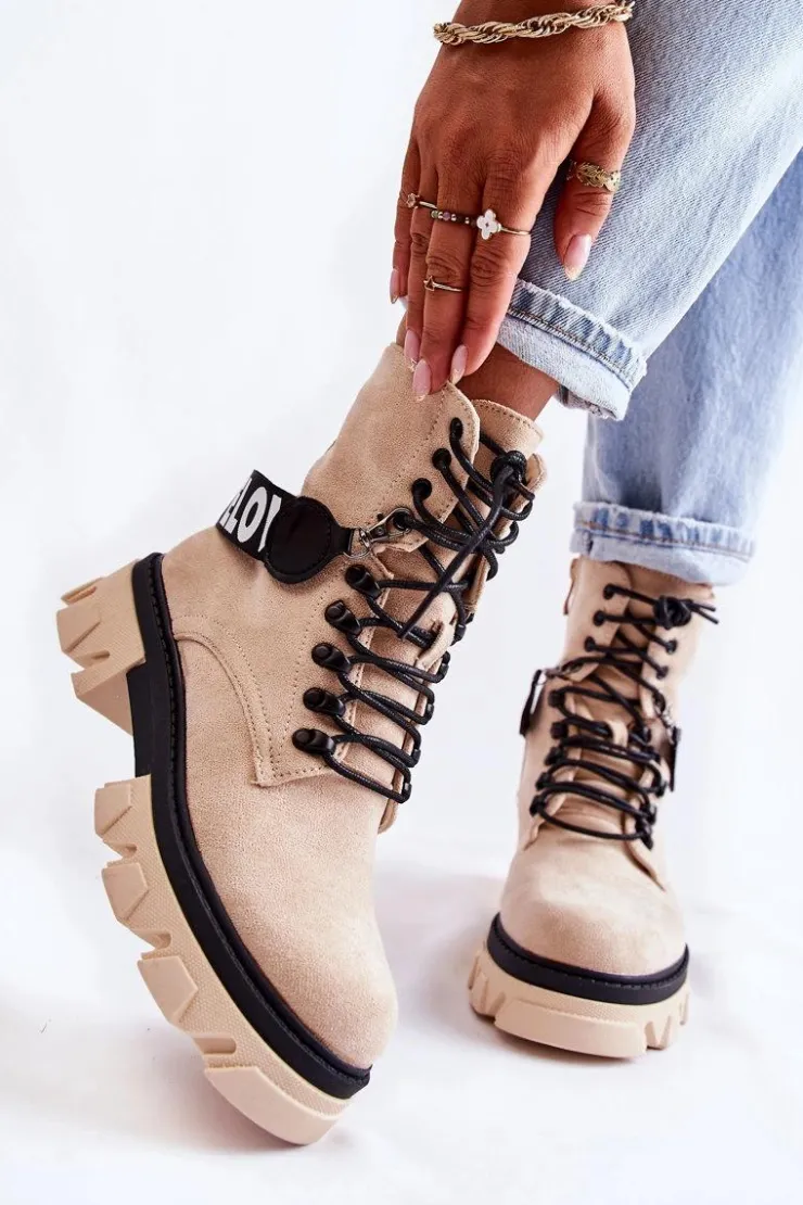 Boto Damskie Trapery|Botki Sznurowane*Zamszowe Wysokie Botki Z Ociepleniem Beżowe Danity