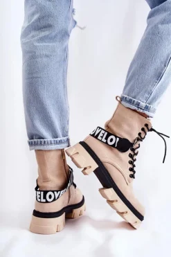 Boto Damskie Trapery|Botki Sznurowane*Zamszowe Wysokie Botki Z Ociepleniem Beżowe Danity