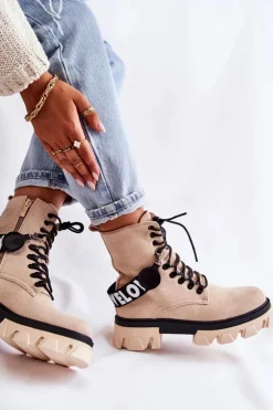 Boto Damskie Trapery|Botki Sznurowane*Zamszowe Wysokie Botki Z Ociepleniem Beżowe Danity