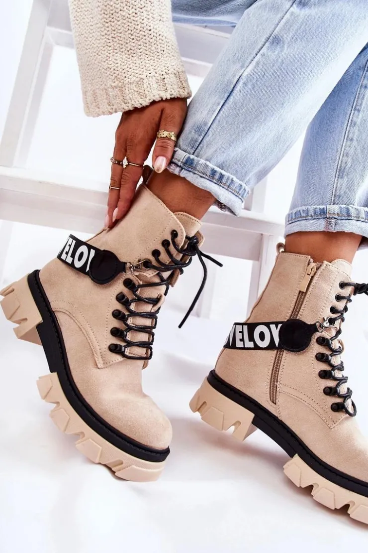 Boto Damskie Trapery|Botki Sznurowane*Zamszowe Wysokie Botki Z Ociepleniem Beżowe Danity