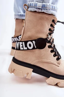 Boto Damskie Trapery|Botki Sznurowane*Zamszowe Wysokie Botki Z Ociepleniem Beżowe Danity