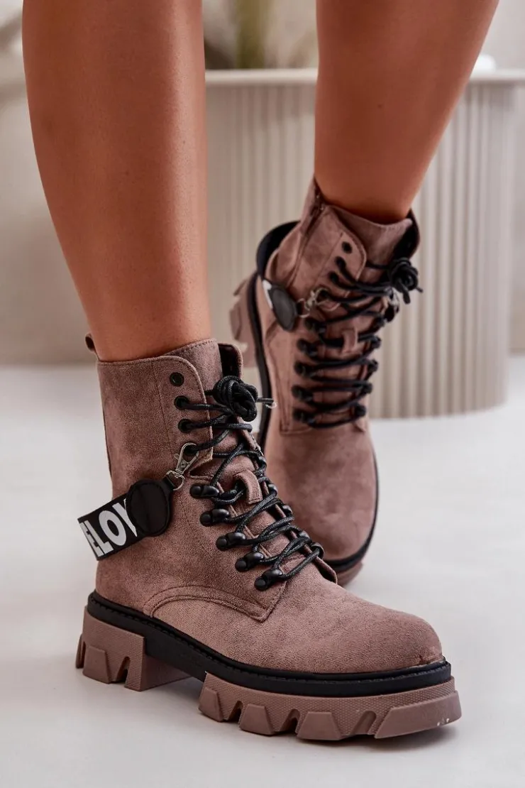 Boto Damskie Trapery|Botki Sznurowane*Zamszowe Wysokie Botki Z Ociepleniem Jasnobrązowe Danity