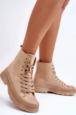 Hot Boto Zamszowe Wysokie Trampki Damskie Ciemnobeżowe Eleamia