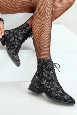 Maciejka Botki Maciejka|Botki Skórzane*Zamszowe Wzorzyste Botki Na Płaskim Obcasie 06391-01 Czarne Czarny