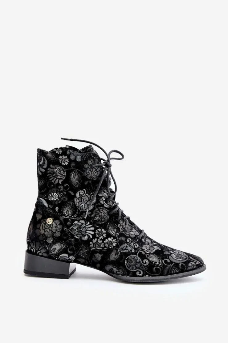 Maciejka Botki Maciejka|Botki Skórzane*Zamszowe Wzorzyste Botki Na Płaskim Obcasie 06391-01 Czarne Czarny