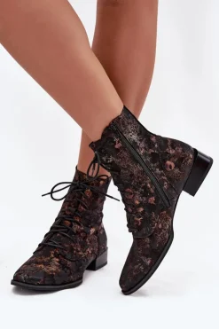 Damskie Maciejka Zamszowe Wzorzyste Botki Na Płaskim Obcasie 06391-02 Czarno-Złote
