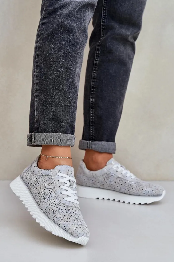 Sale Damskie buty S.Barski Zamszowe Wzorzyste Buty Sportowe Na Platformie Z Brokatem D&A LR51-635 Srebrne Srebrny