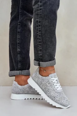 Sale Damskie buty S.Barski Zamszowe Wzorzyste Buty Sportowe Na Platformie Z Brokatem D&A LR51-635 Srebrne Srebrny