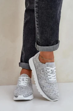 Sale Damskie buty S.Barski Zamszowe Wzorzyste Buty Sportowe Na Platformie Z Brokatem D&A LR51-635 Srebrne Srebrny