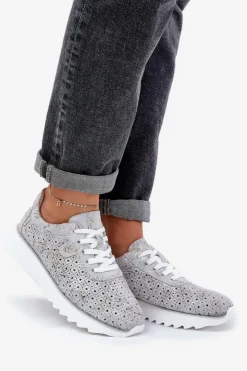 Sale Damskie buty S.Barski Zamszowe Wzorzyste Buty Sportowe Na Platformie Z Brokatem D&A LR51-635 Srebrne Srebrny