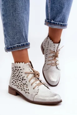 Zazoo Botki Wiosenne|Botki Skórzane*2871 Ażurowe Botki Damskie Sznurowane Srebrne Srebrny