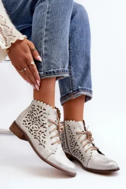 Zazoo Botki Wiosenne|Botki Skórzane*2871 Ażurowe Botki Damskie Sznurowane Srebrne Srebrny