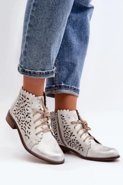 Zazoo Botki Wiosenne|Botki Skórzane*2871 Ażurowe Botki Damskie Sznurowane Srebrne Srebrny